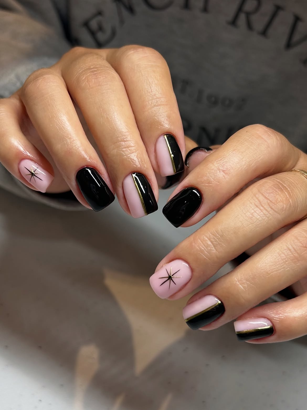 Black and Pink Geometric Gold Stripe Nails