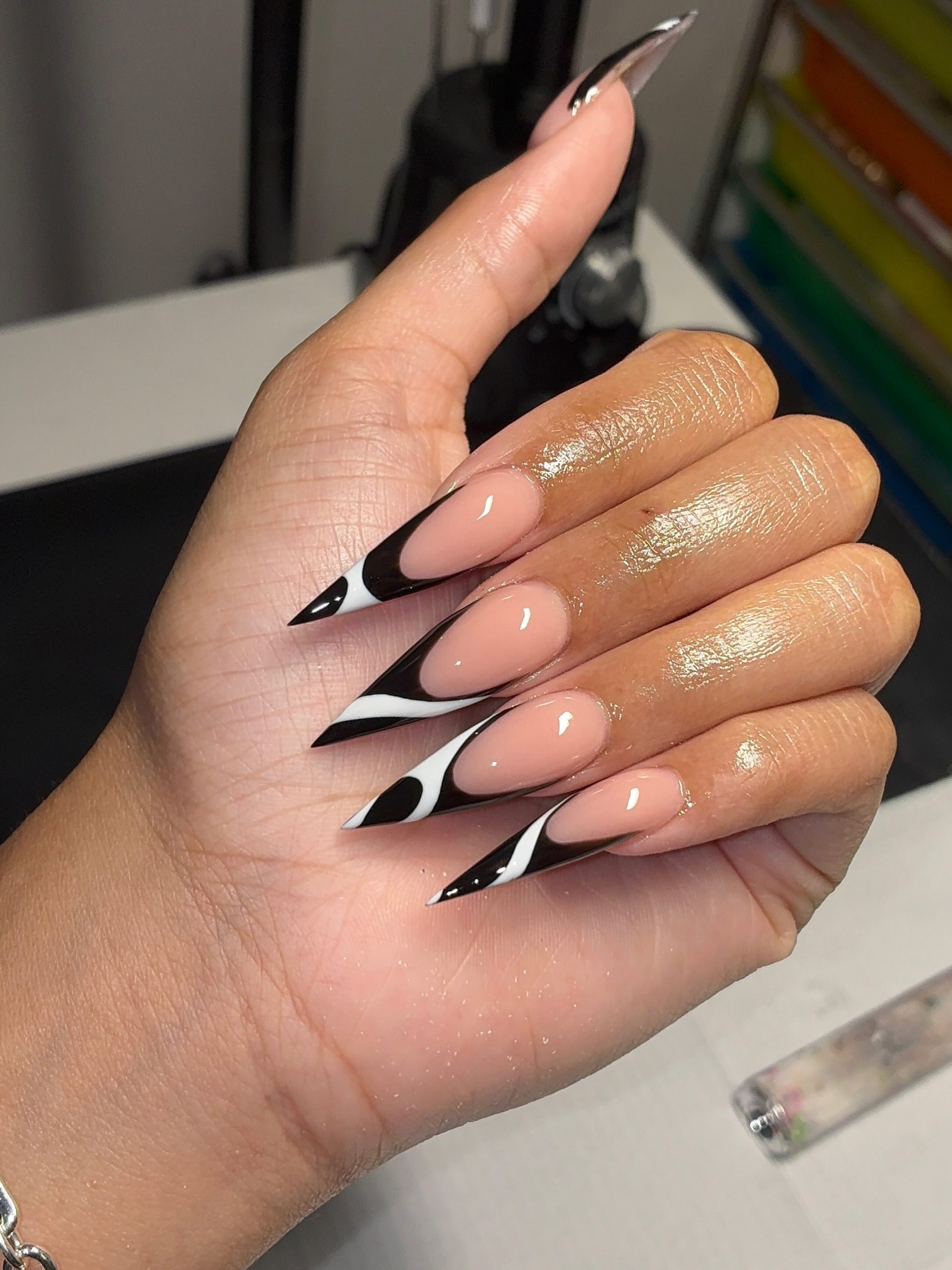 Black and White Abstract French Stiletto Nails