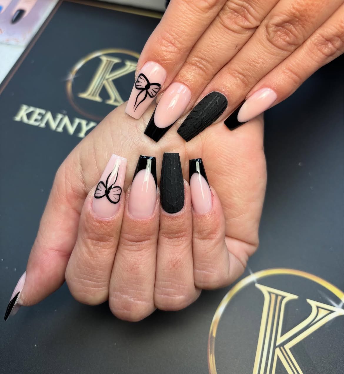 Black French Tip Coffin Nails With Sweater Texture