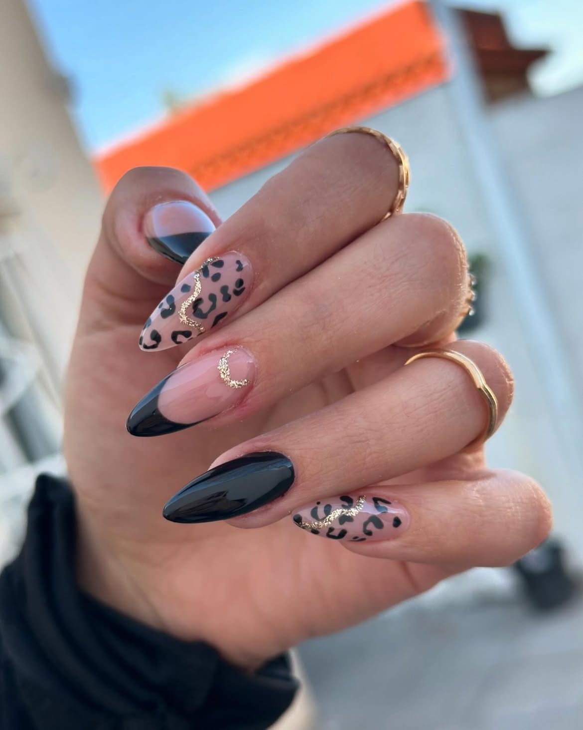 Black French Tip Leopard Print Almond Nails
