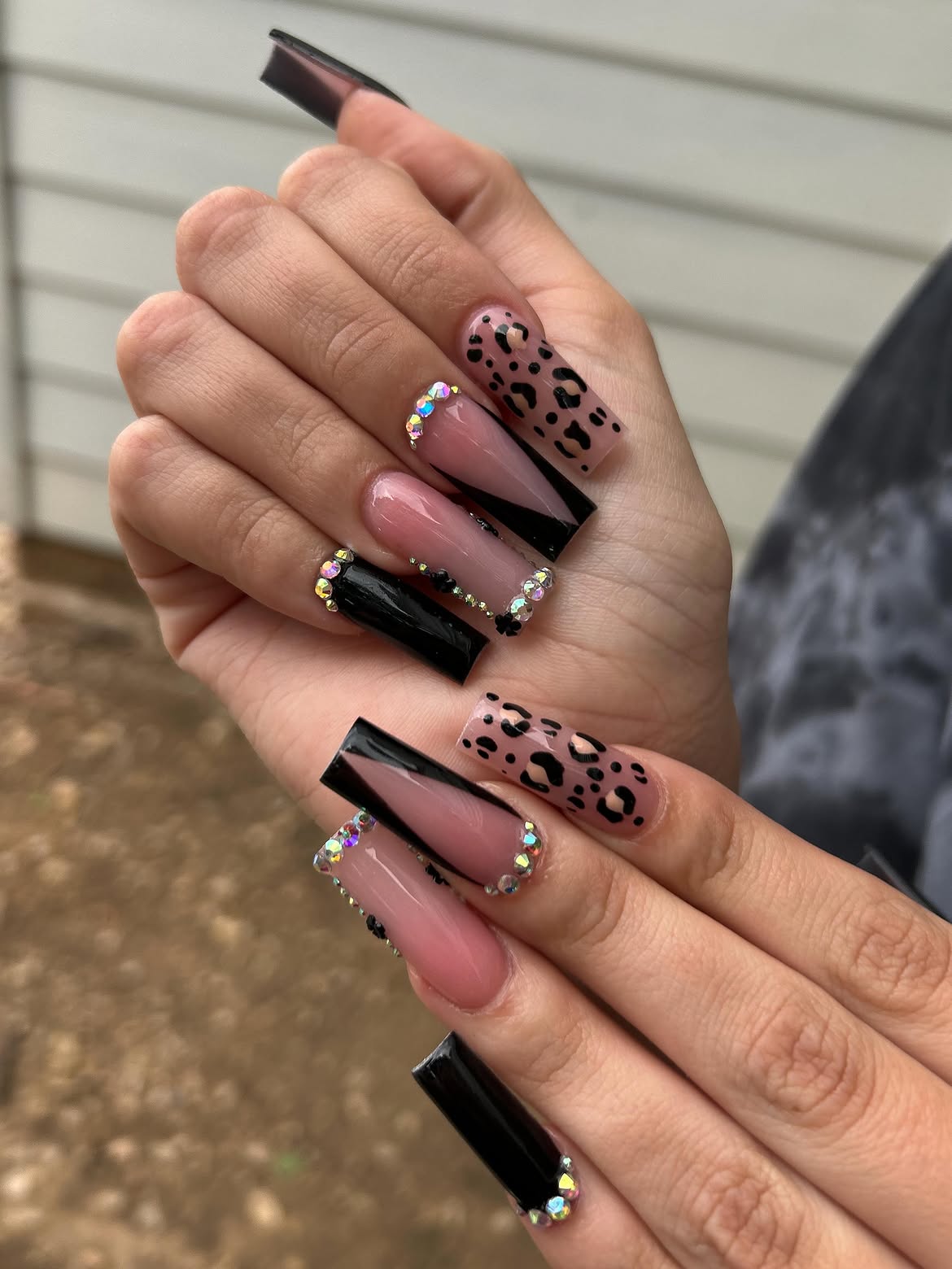 Black French Tip Leopard Rhinestone Coffin Nails