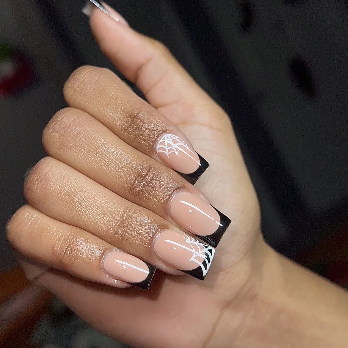 Black French Tip Spiderweb Square Nails
