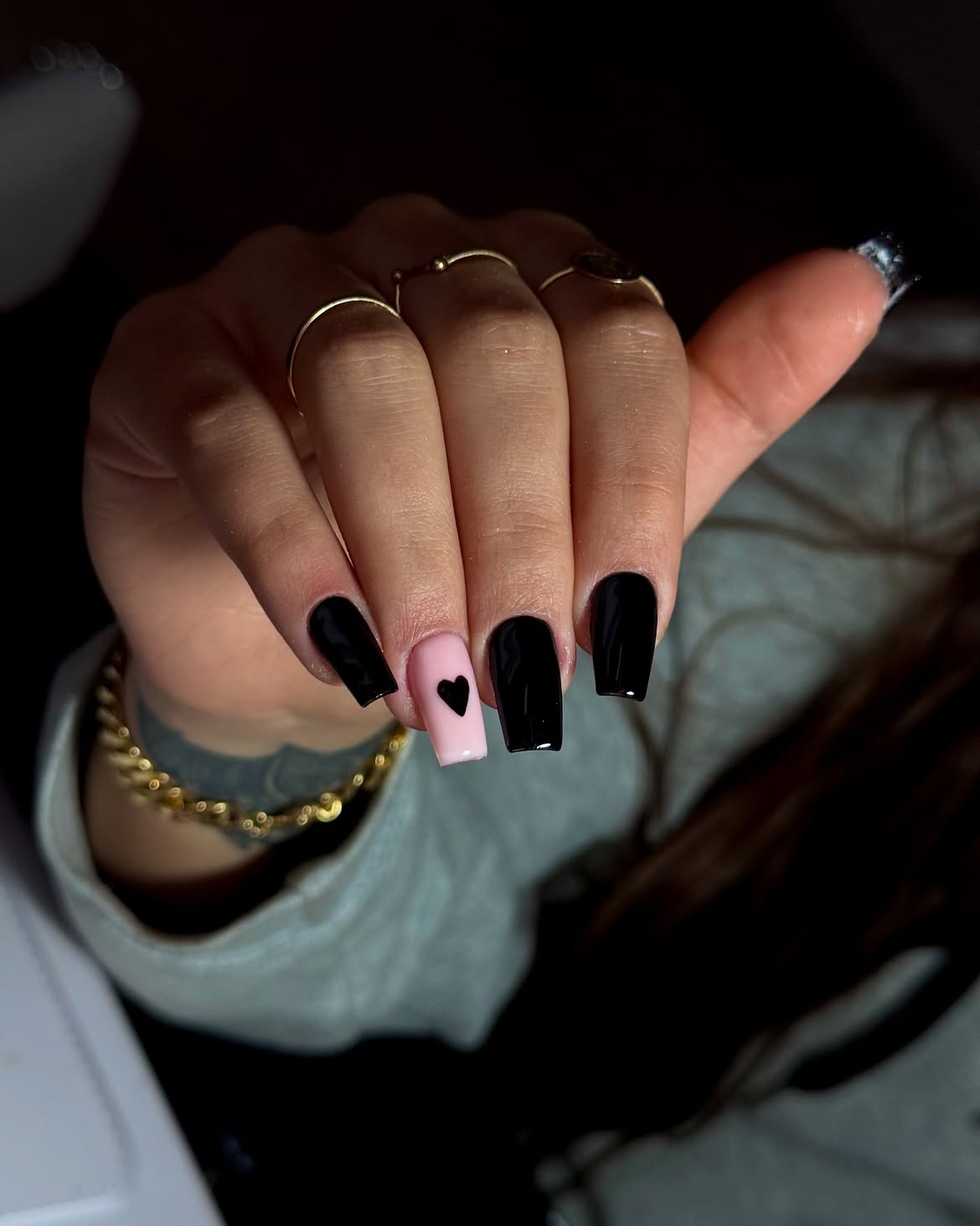 Black Glossy Coffin Nails with Pastel Pink Accent