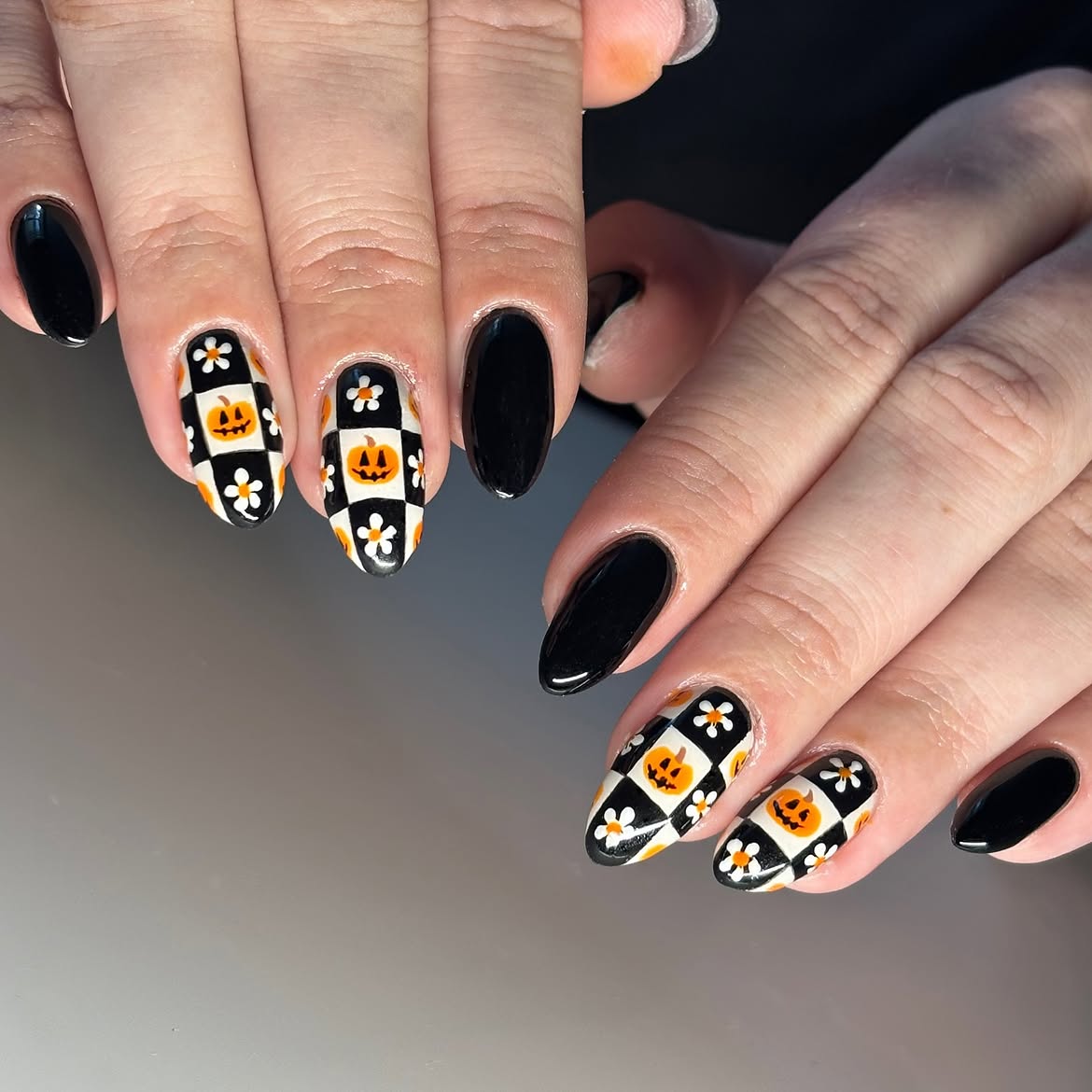 Black Glossy Oval with Pumpkin Checkerboard Art