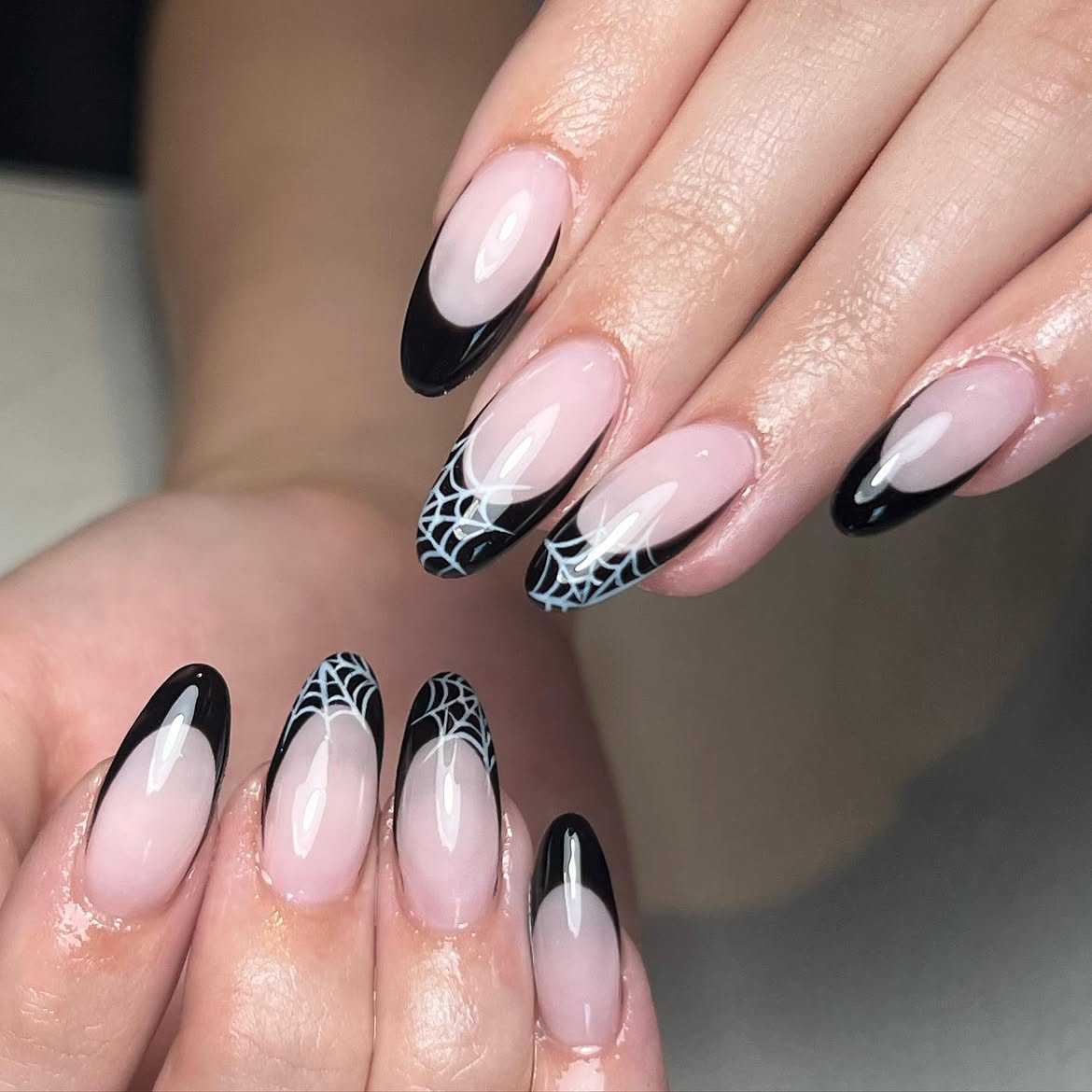Black Spiderweb French Tip Almond Nails