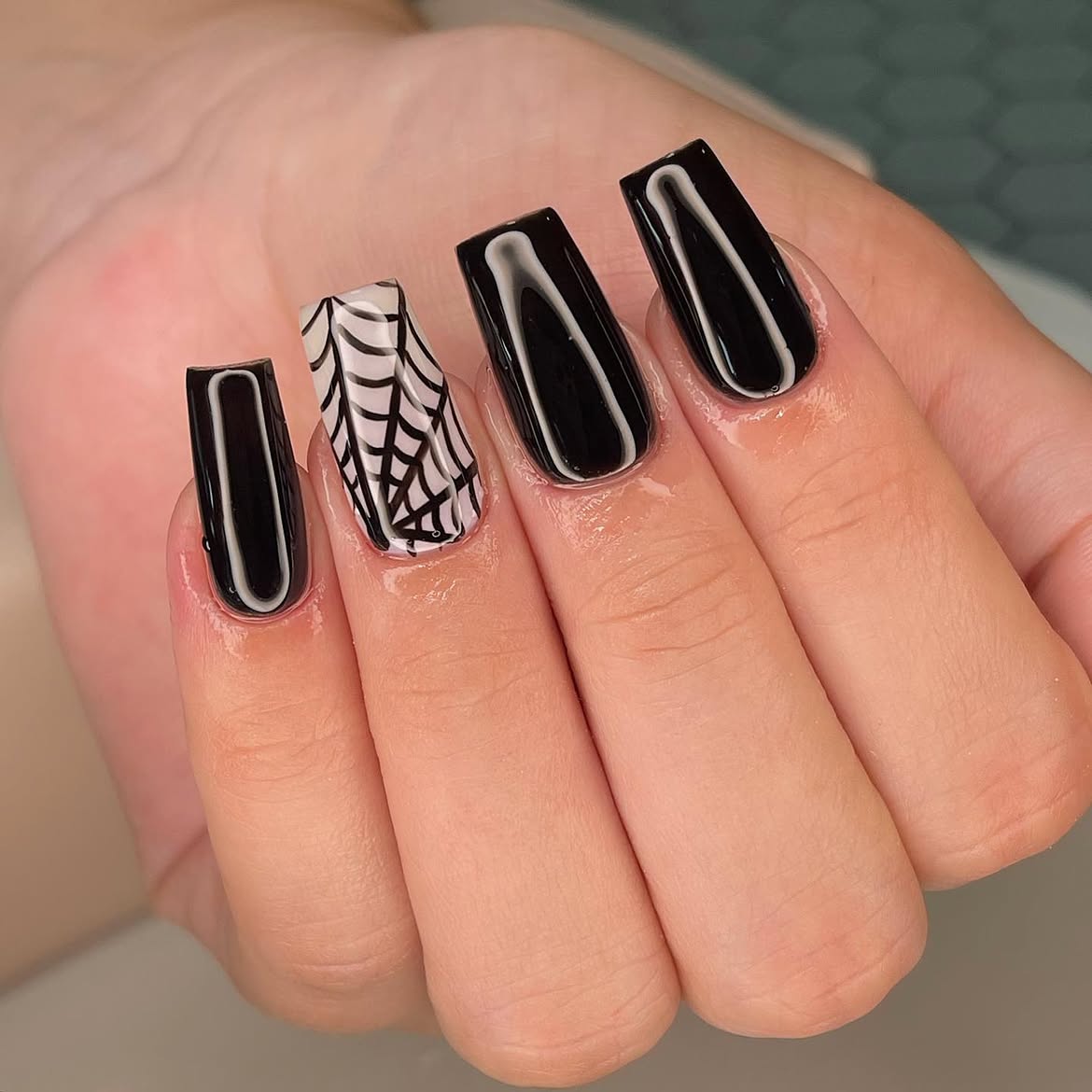 Black Spiderweb Glossy Coffin Nails