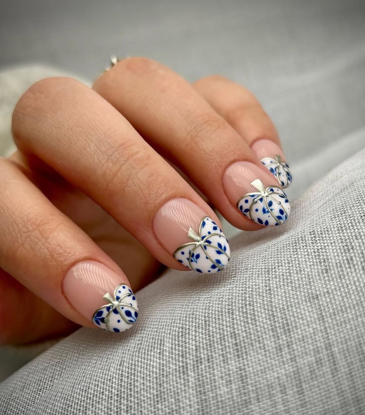 Blue and White Porcelain Pumpkin French Tips