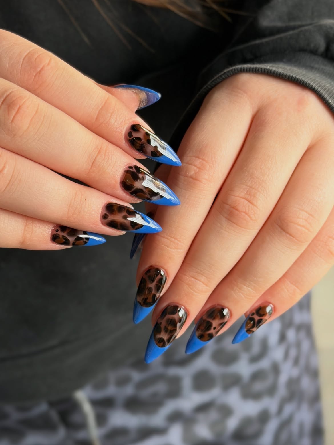 Blue Leopard Print Stiletto French Tips