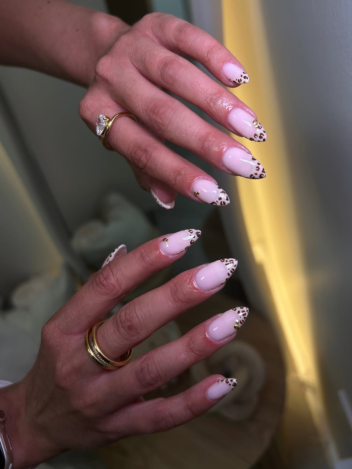 Blush Leopard French Almond Nails