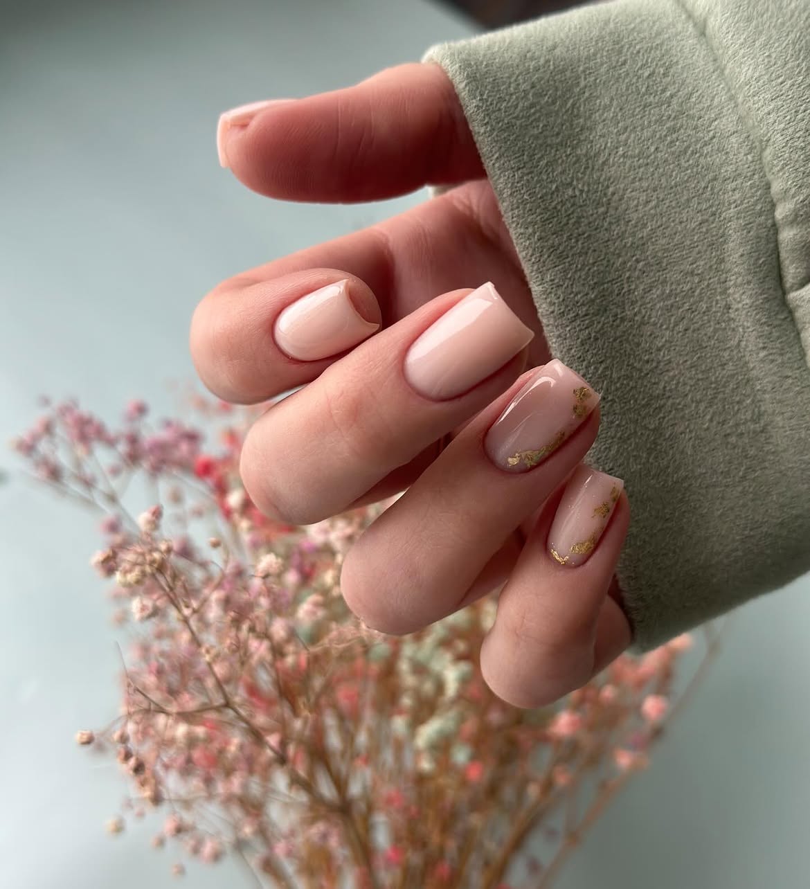 Blush Nude Square Nails with Gold Foil Accents