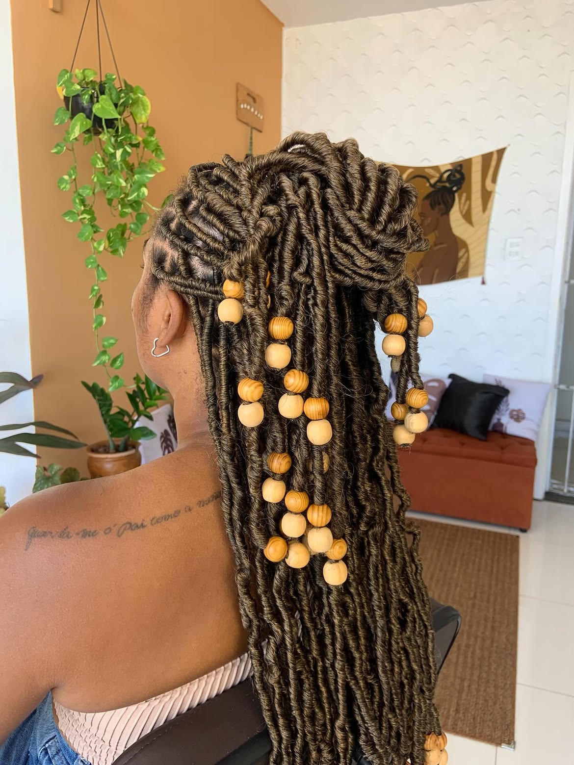 Boho Faux Locs With Wooden Beads Accent