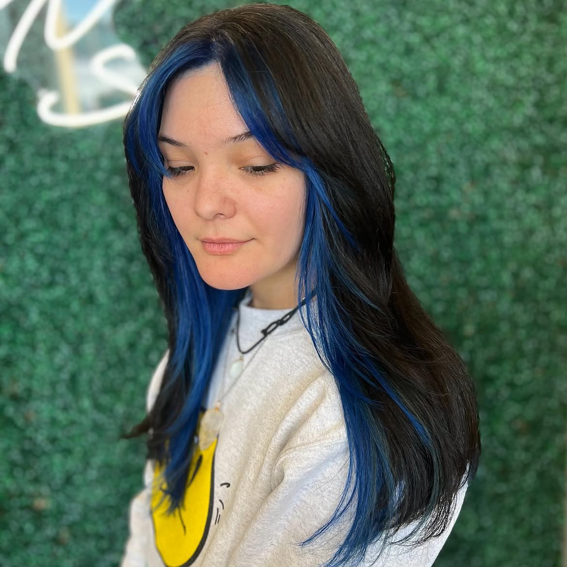 Bold Blue Money Piece With Dark Hair