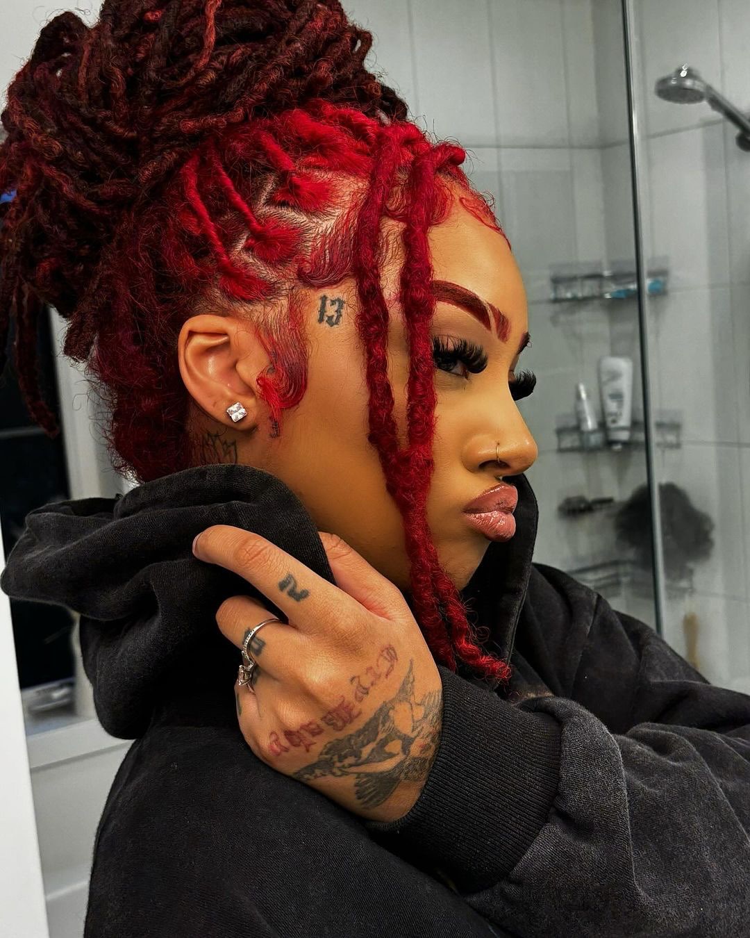 Bold Cherry Red Locs High Bun With Face Framing