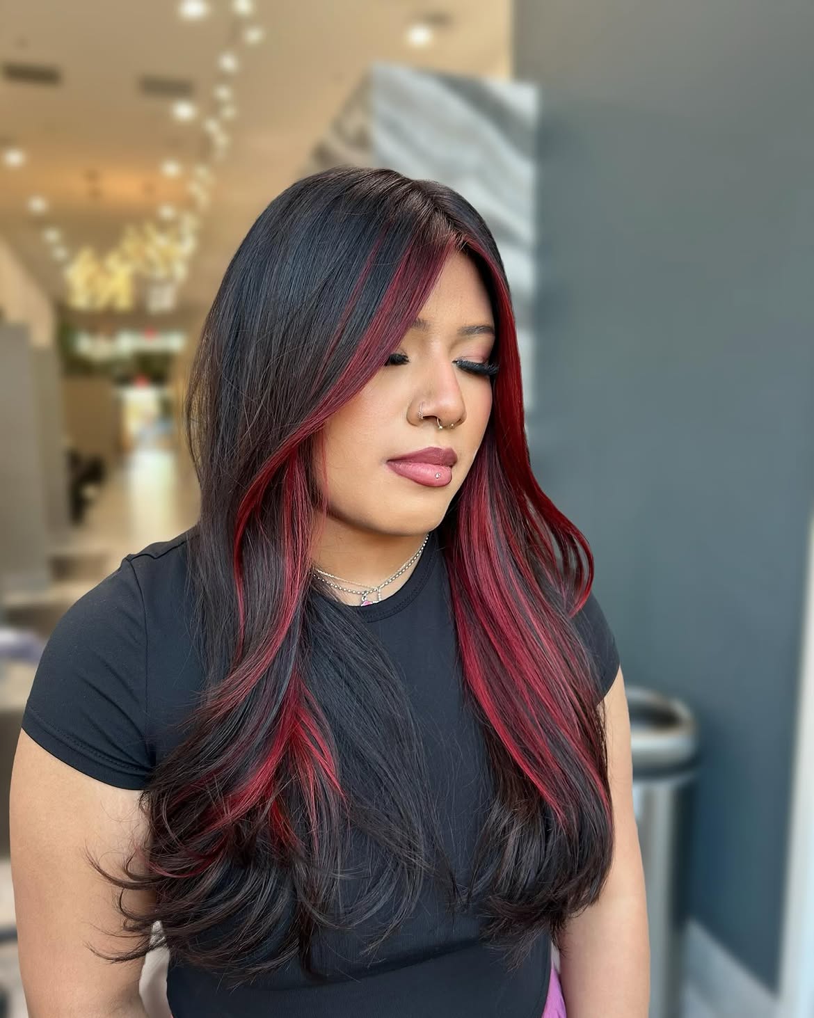 Bold Red Money Piece With Dark Hair