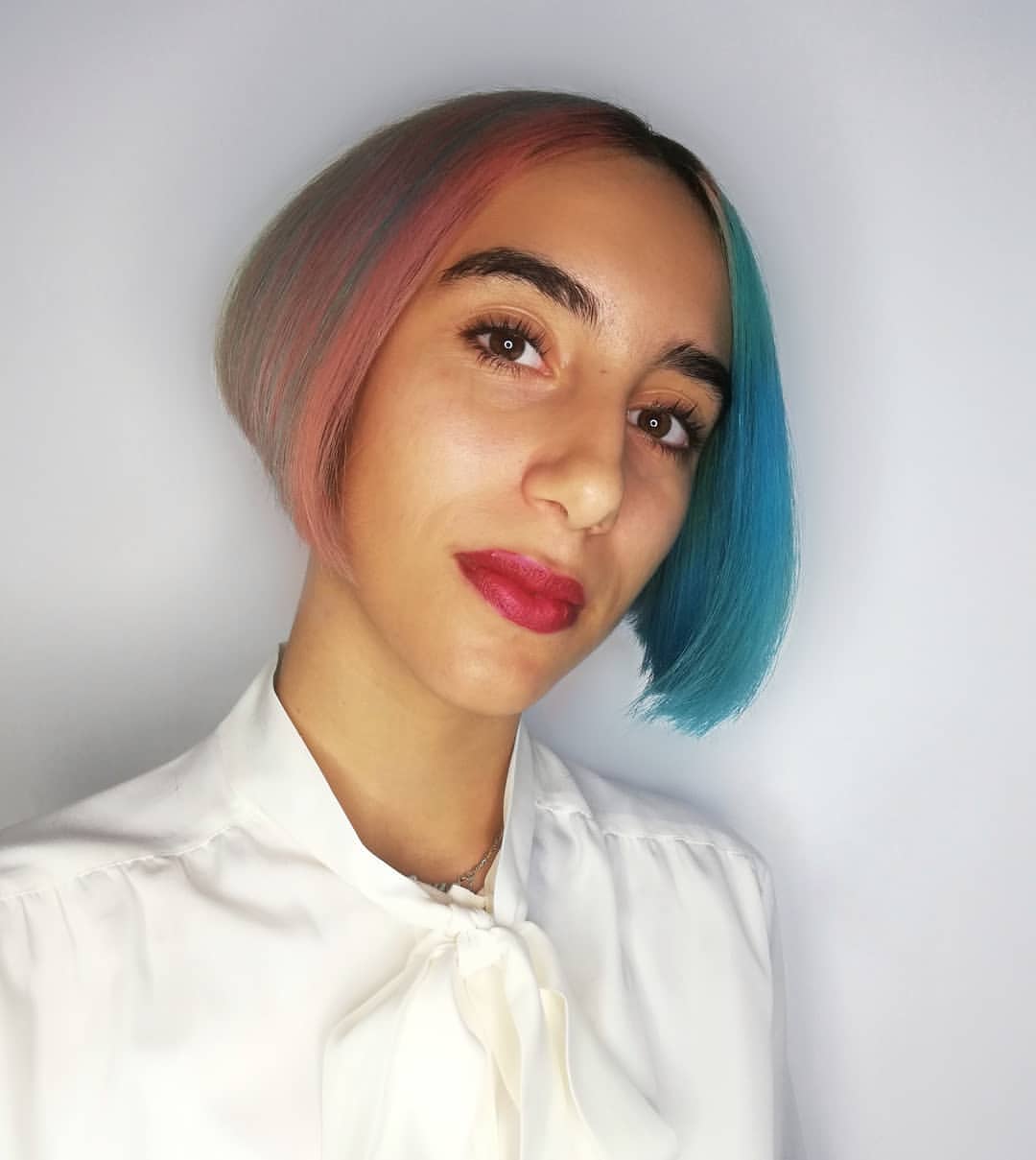 Bold Split Dye Bob With Pastel Pink And Teal
