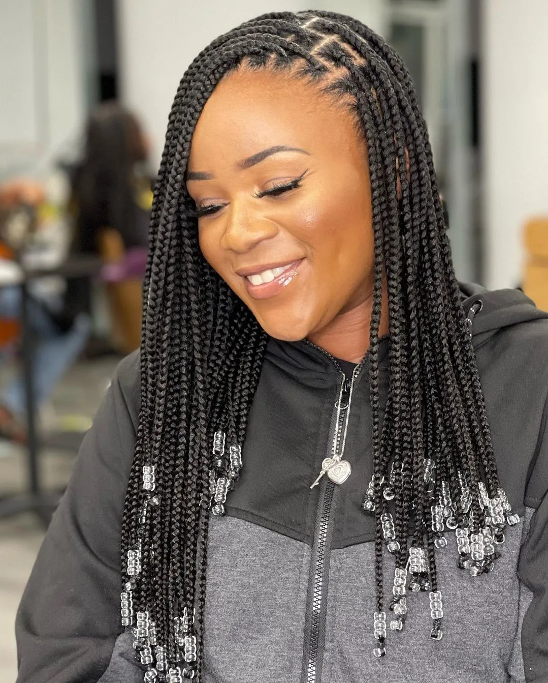 Box Braids With Clear Beads and Geometric Parts