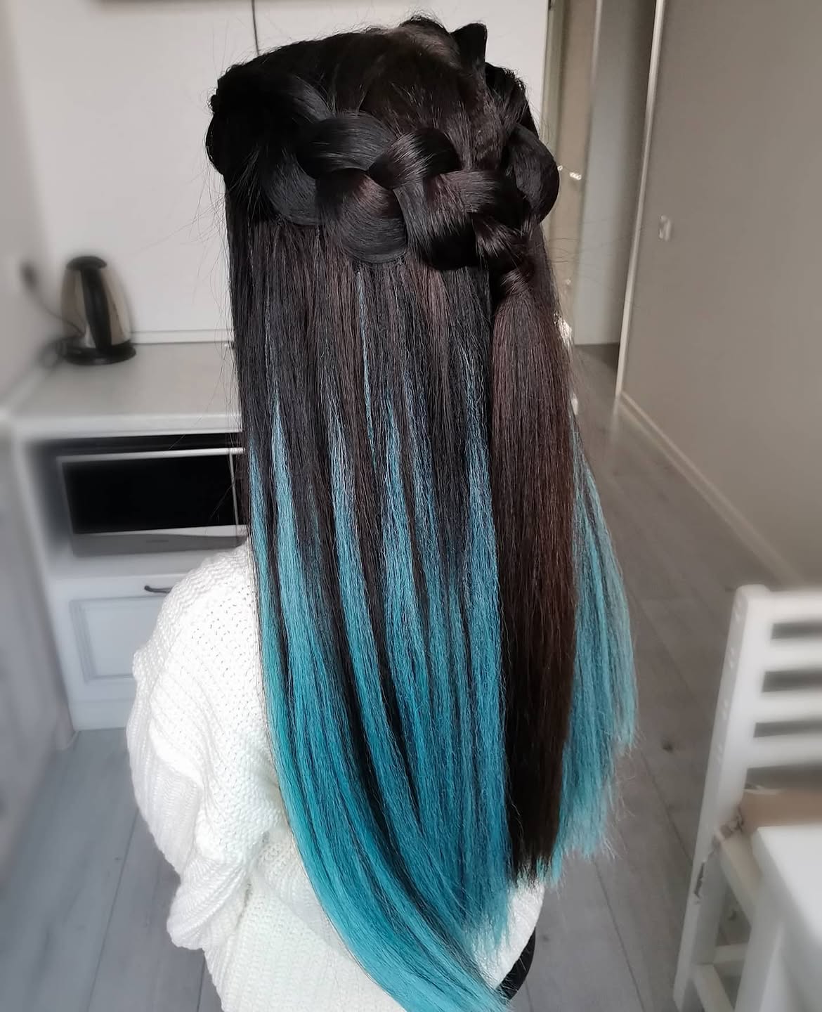 Braided Crown With Bold Blue Ombre Ends