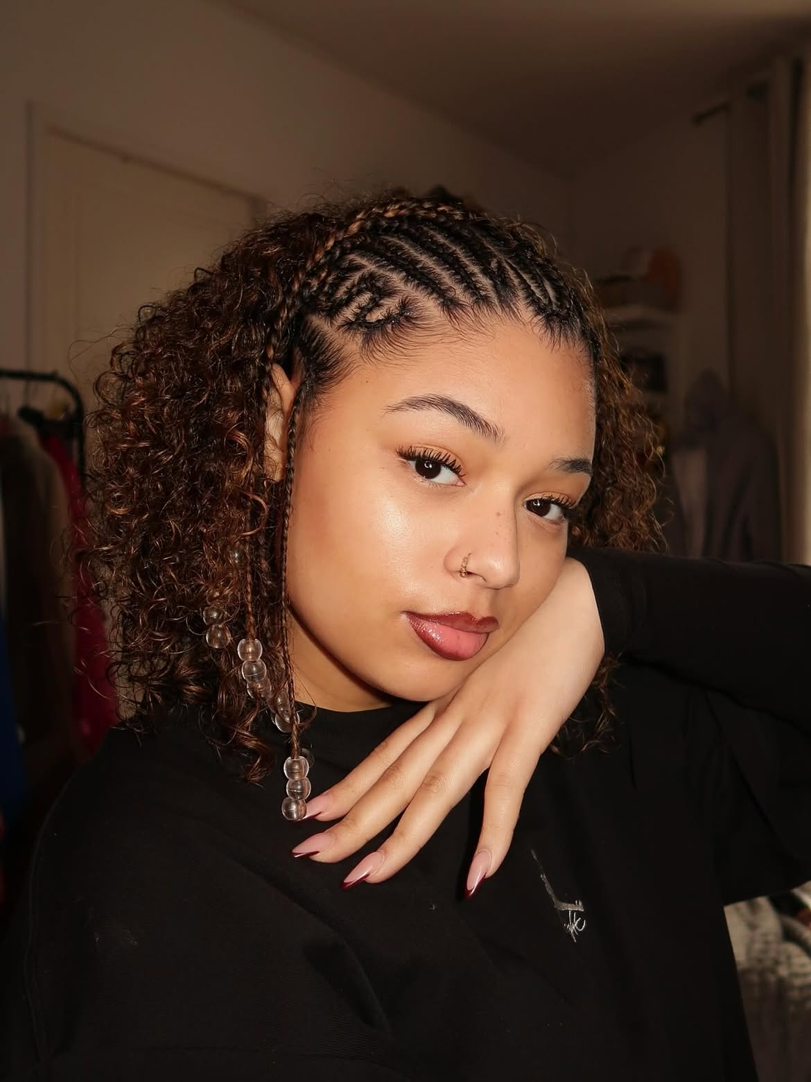 Braided Half Up Curly Afro With Clear Beads