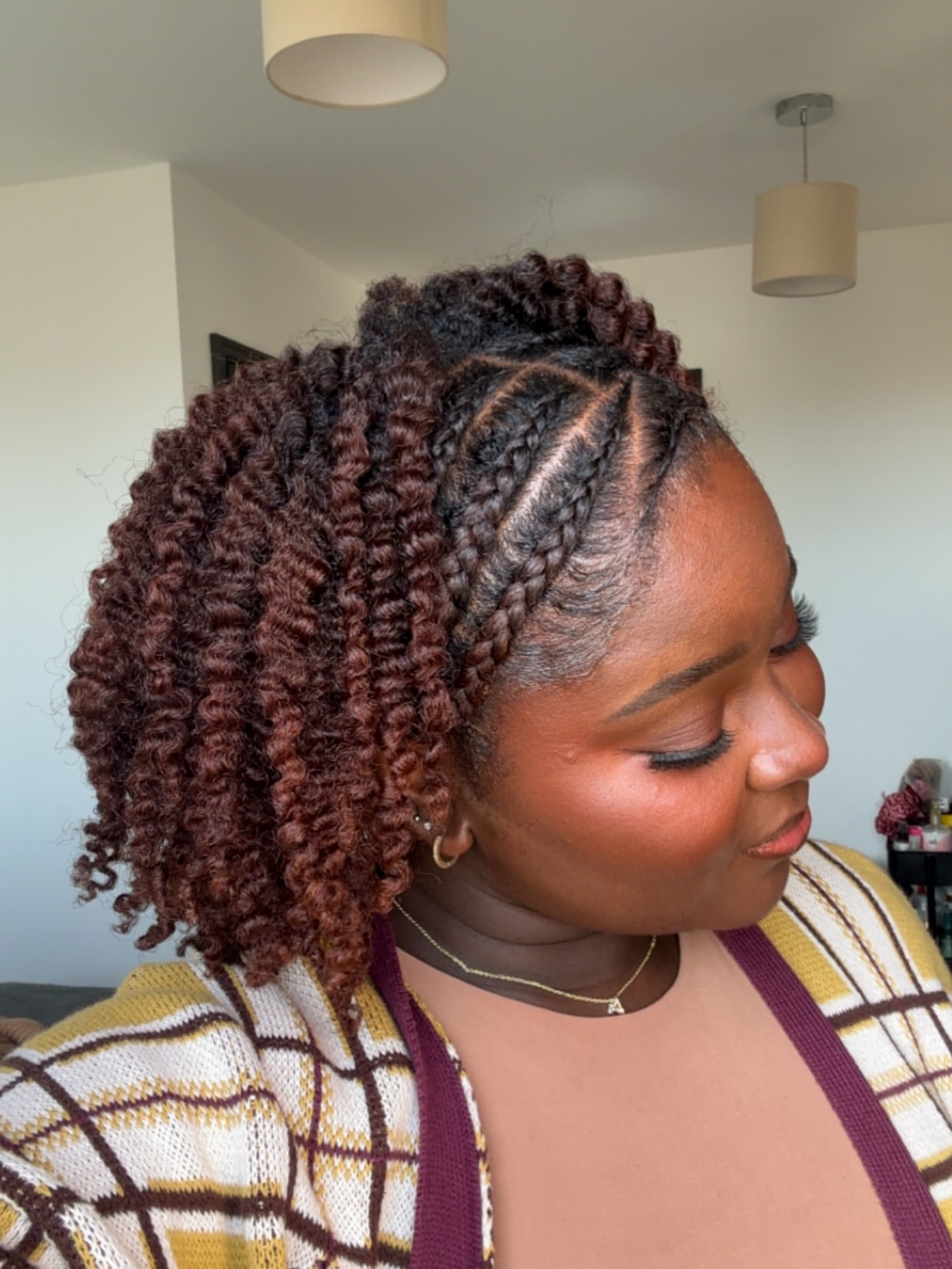 Braided Half Up Twist Out On Deep Auburn Coils