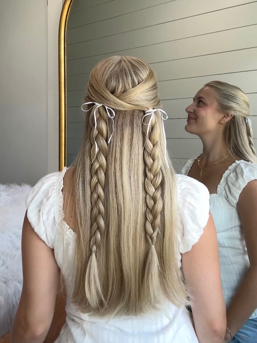 Braided Half-Up With White Ribbon Accent