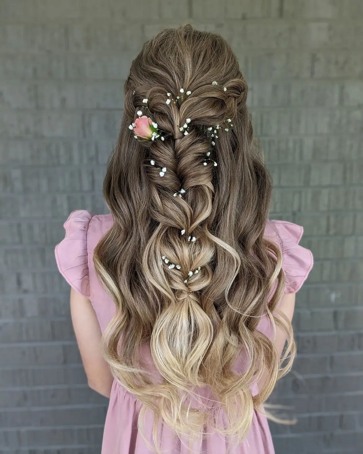 Braided Half Updo With Delicate Baby's Breath & Rose