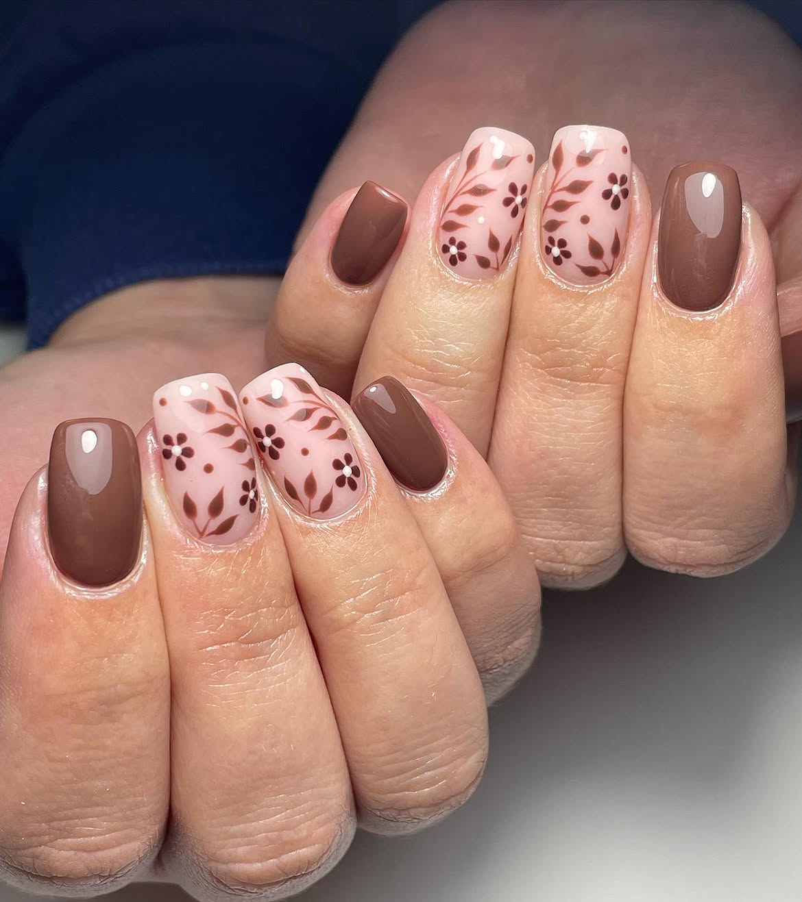 Brown Floral Accent Square Nails
