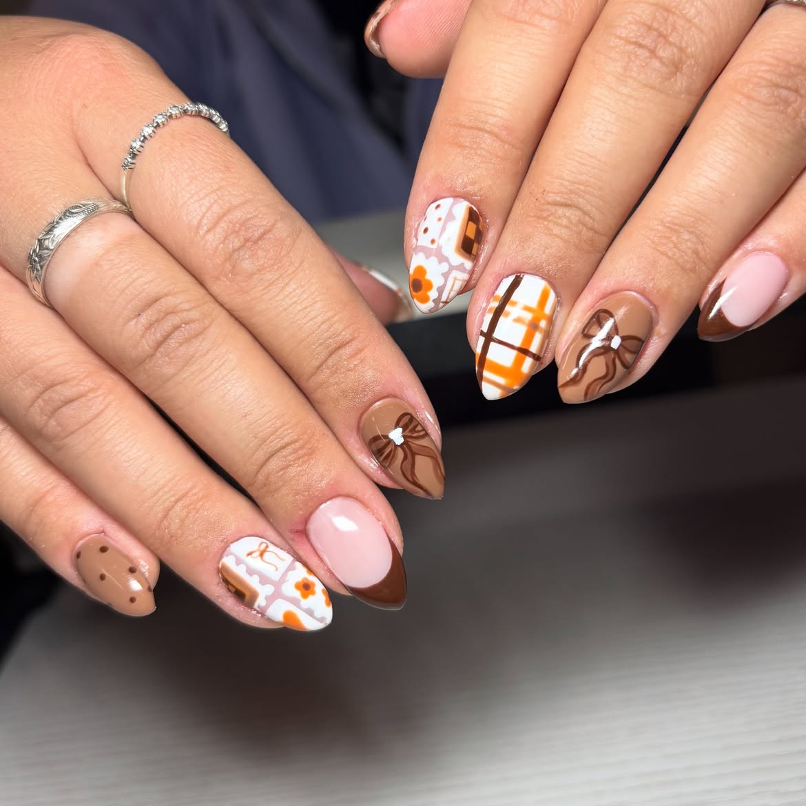 Brown Plaid Bows and Floral Almond Nails
