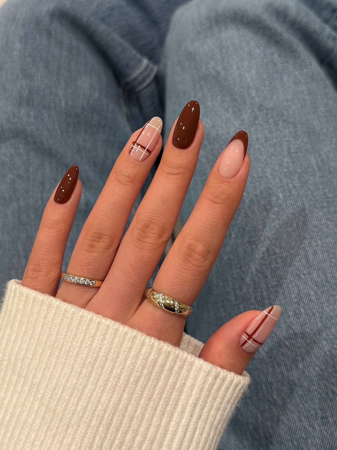 Brown Plaid French Almond Nails