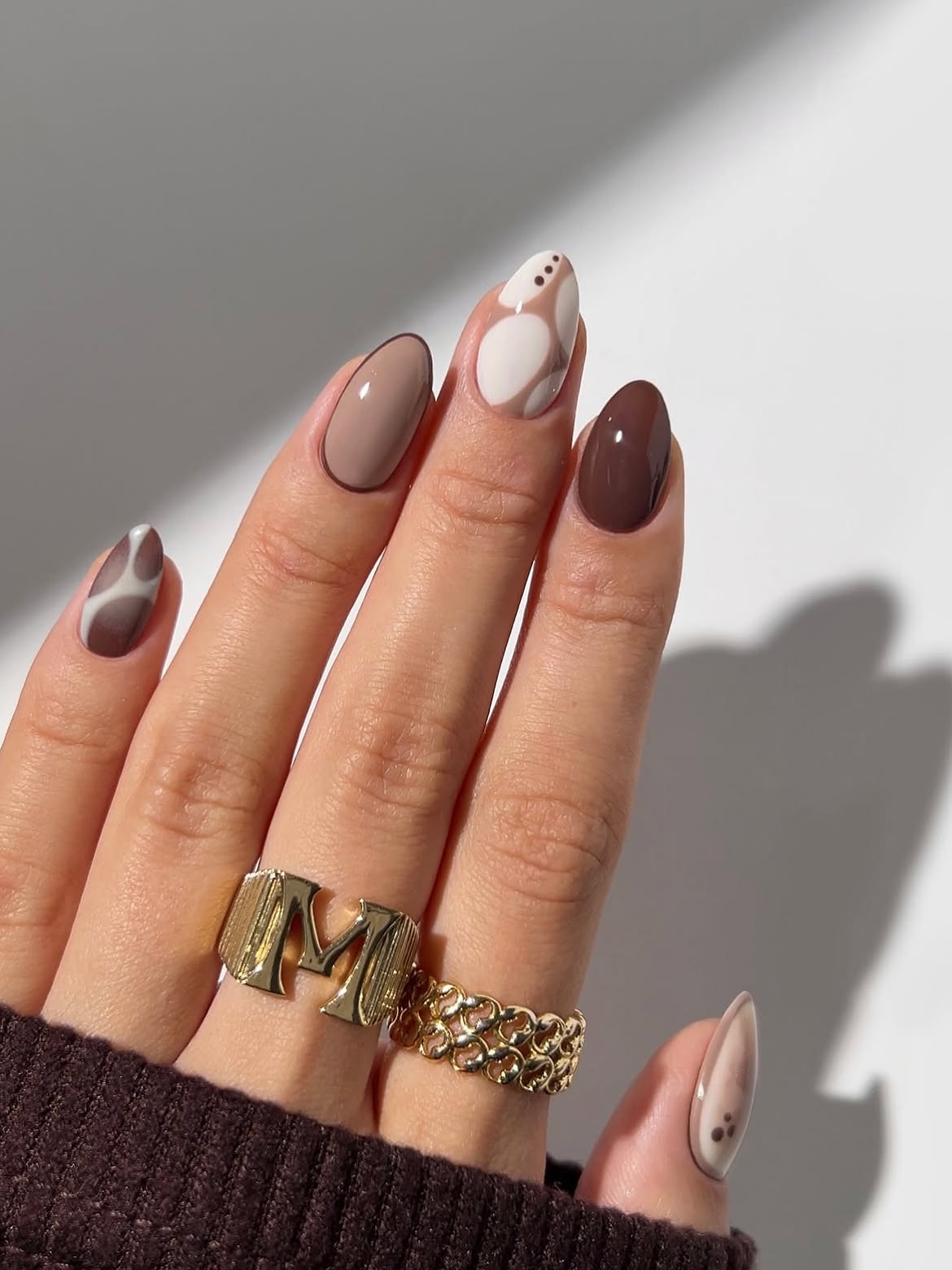 Brown Swirl & Cow Print Almond Nails
