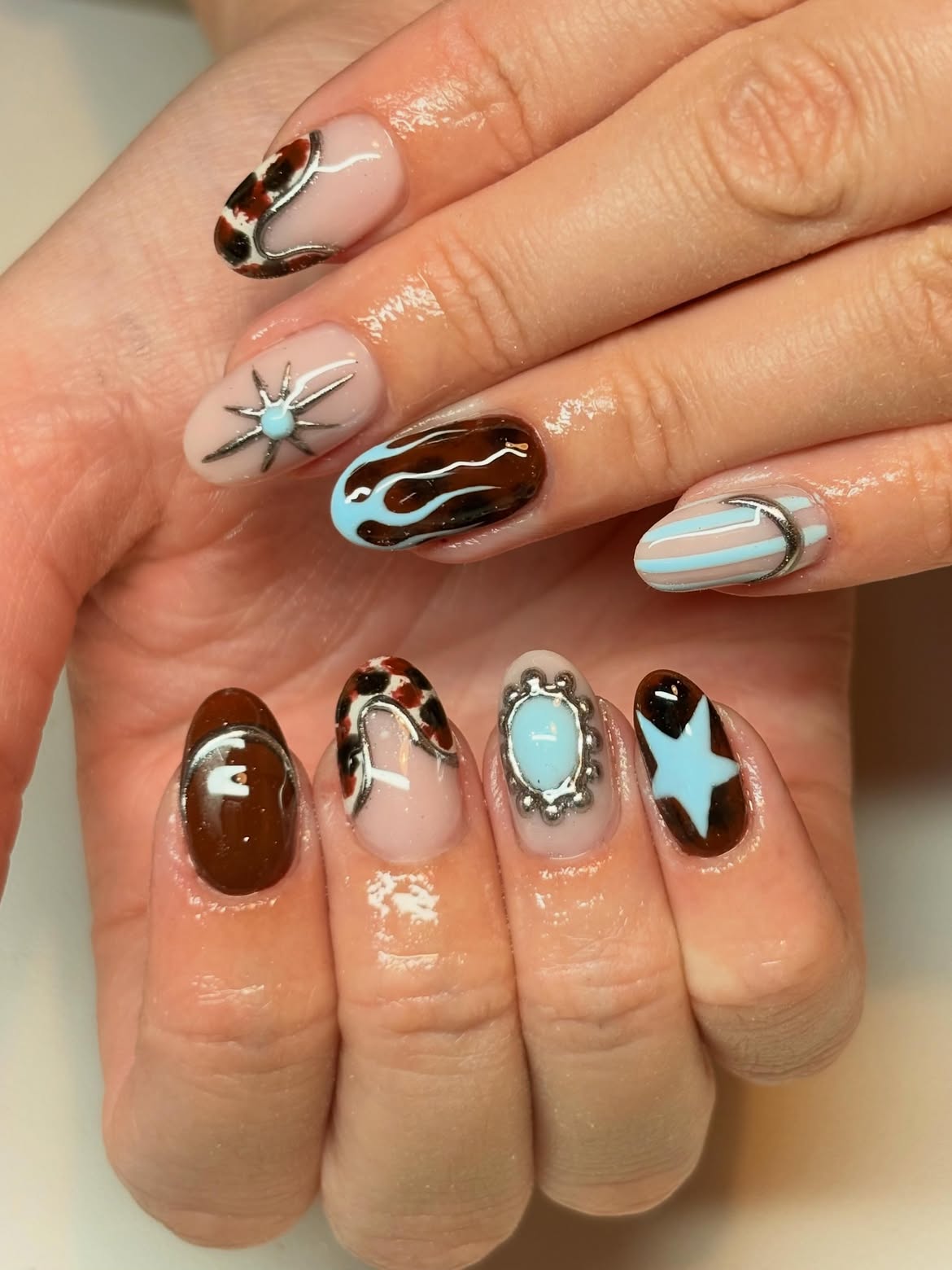 Brown Western Flame and Star Oval Nails