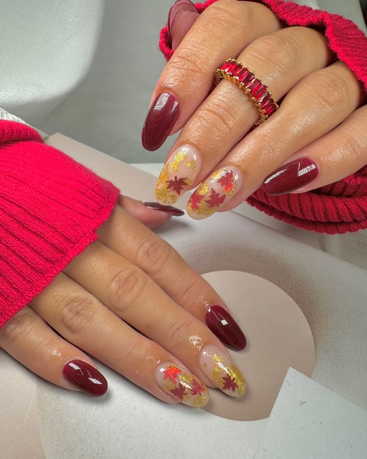 Burgundy Fall Leaf Accent Oval Nails