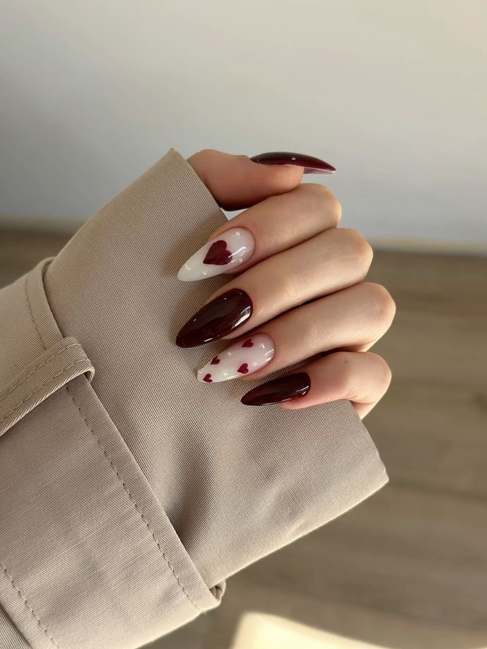 Burgundy Heart Accents Almond Nails