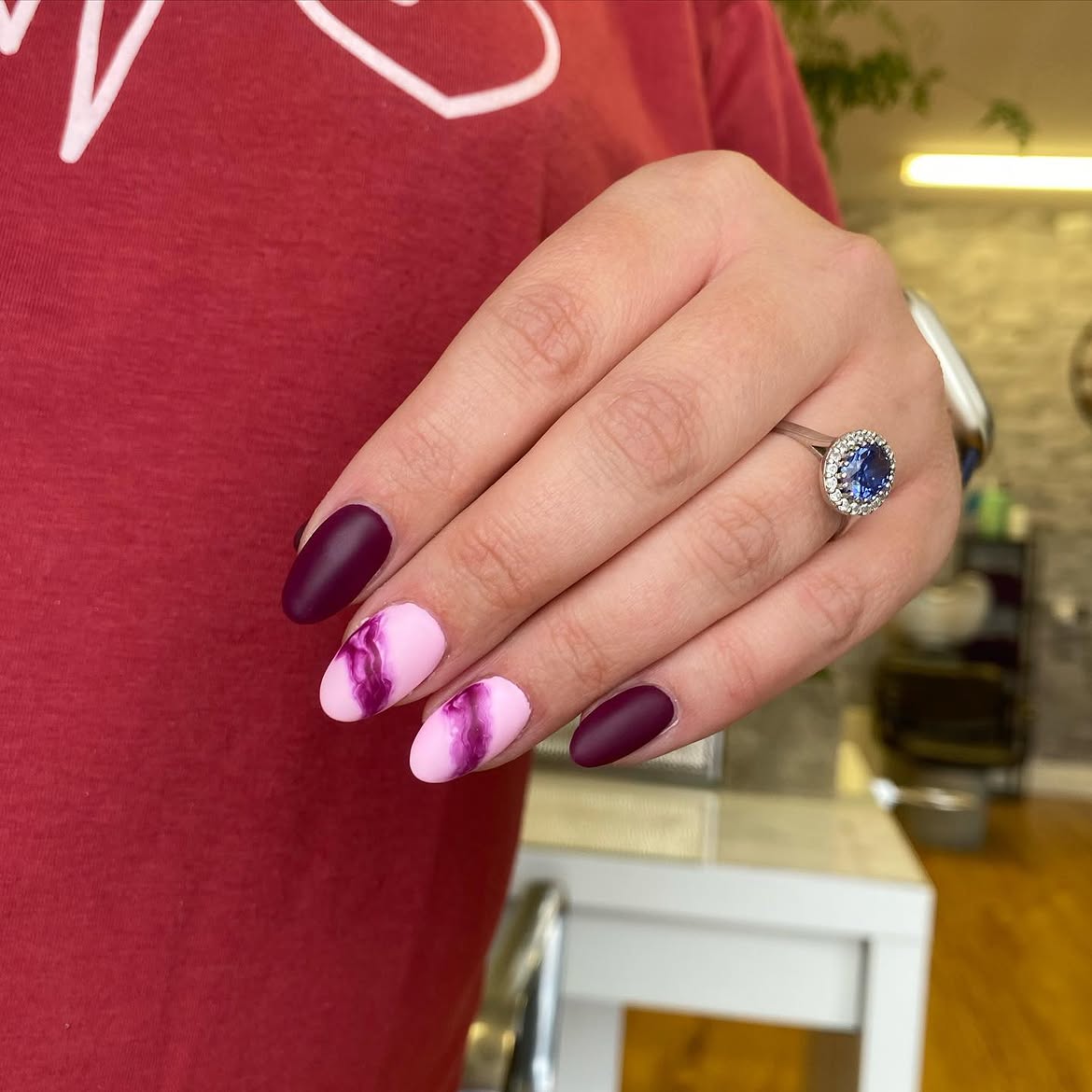 Burgundy Marble Matte Almond Nails