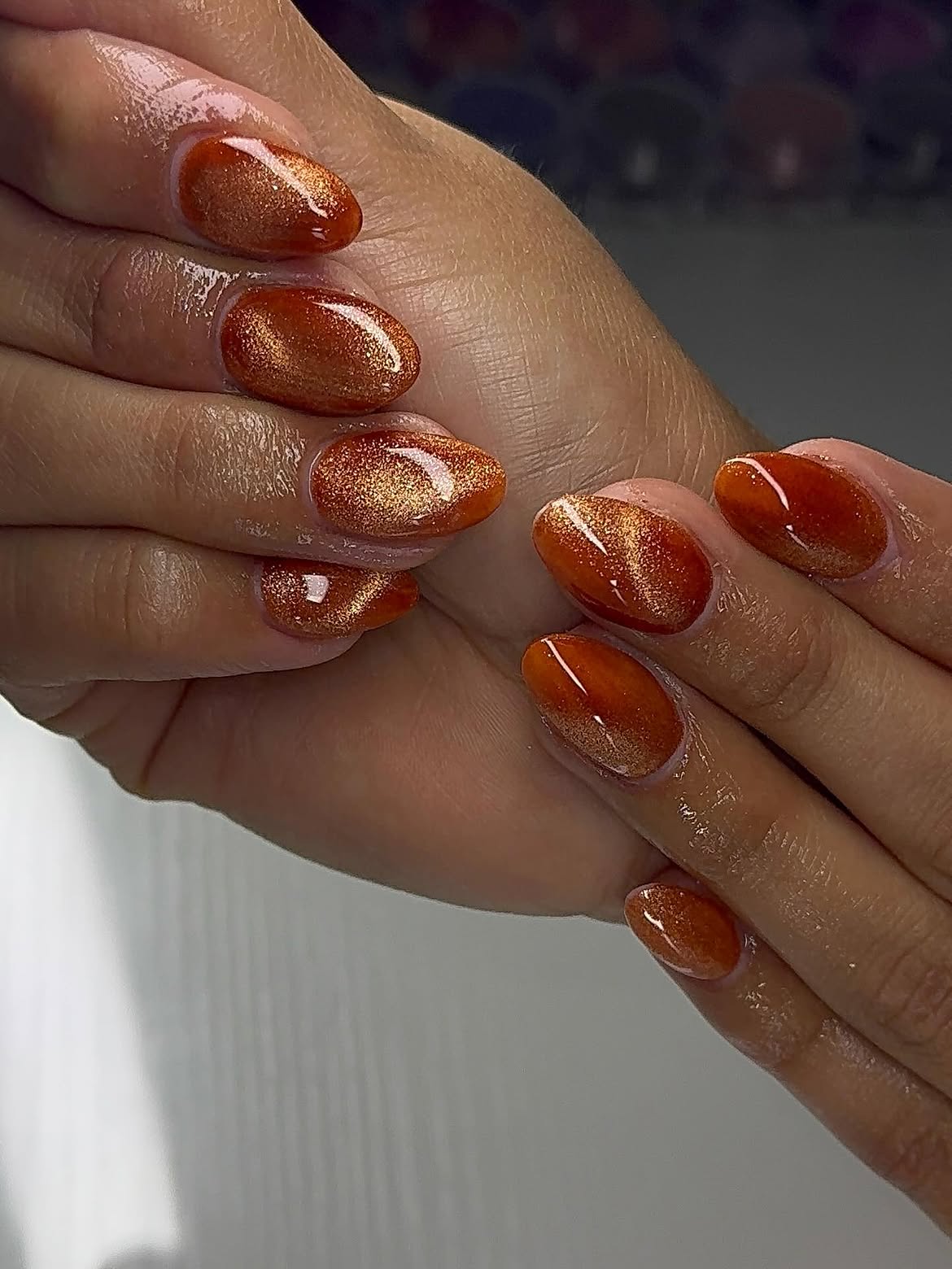 Burnt Orange Cat Eye Oval Nails
