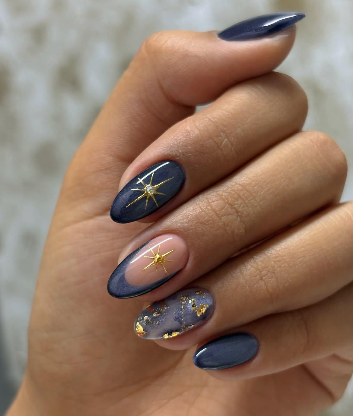 Celestial Starburst Almond French Nails