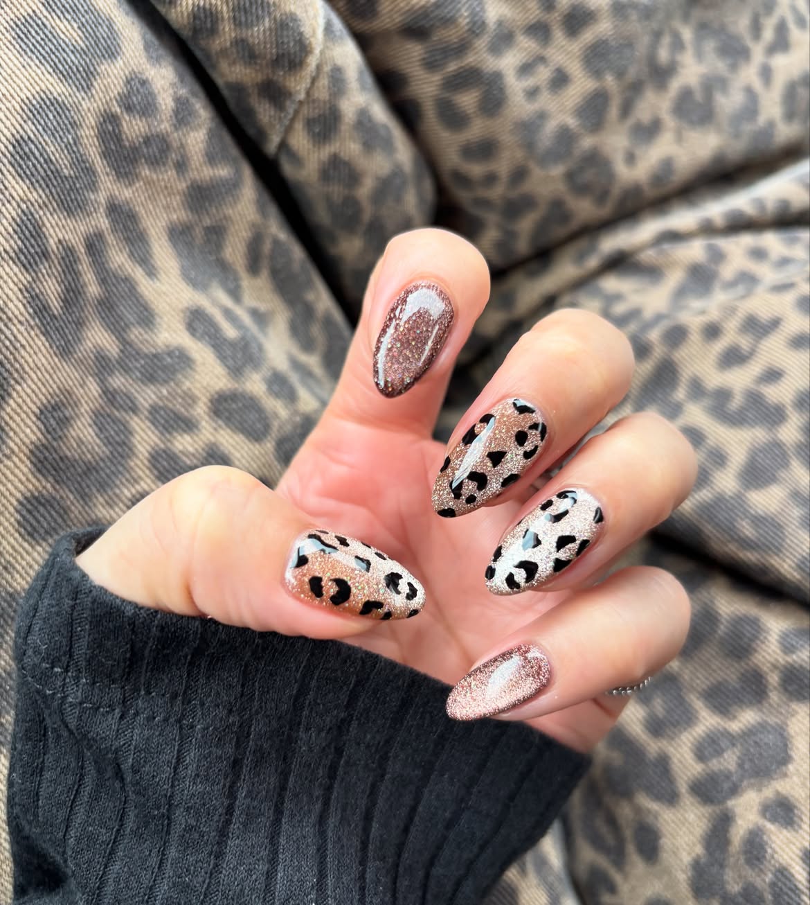 Champagne Glitter Leopard Print Almond Nails