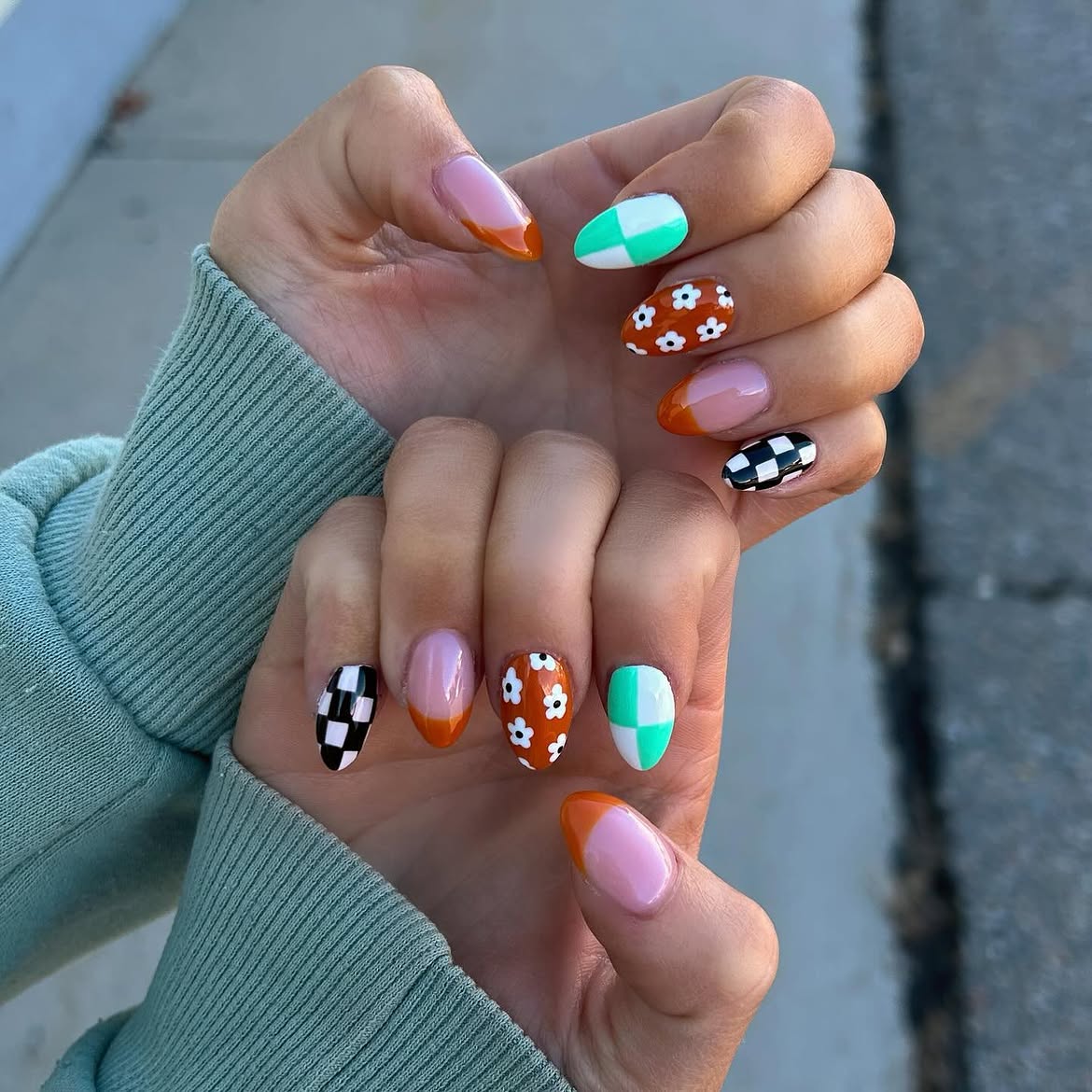 Checkerboard Daisy French Tip Almond Nails