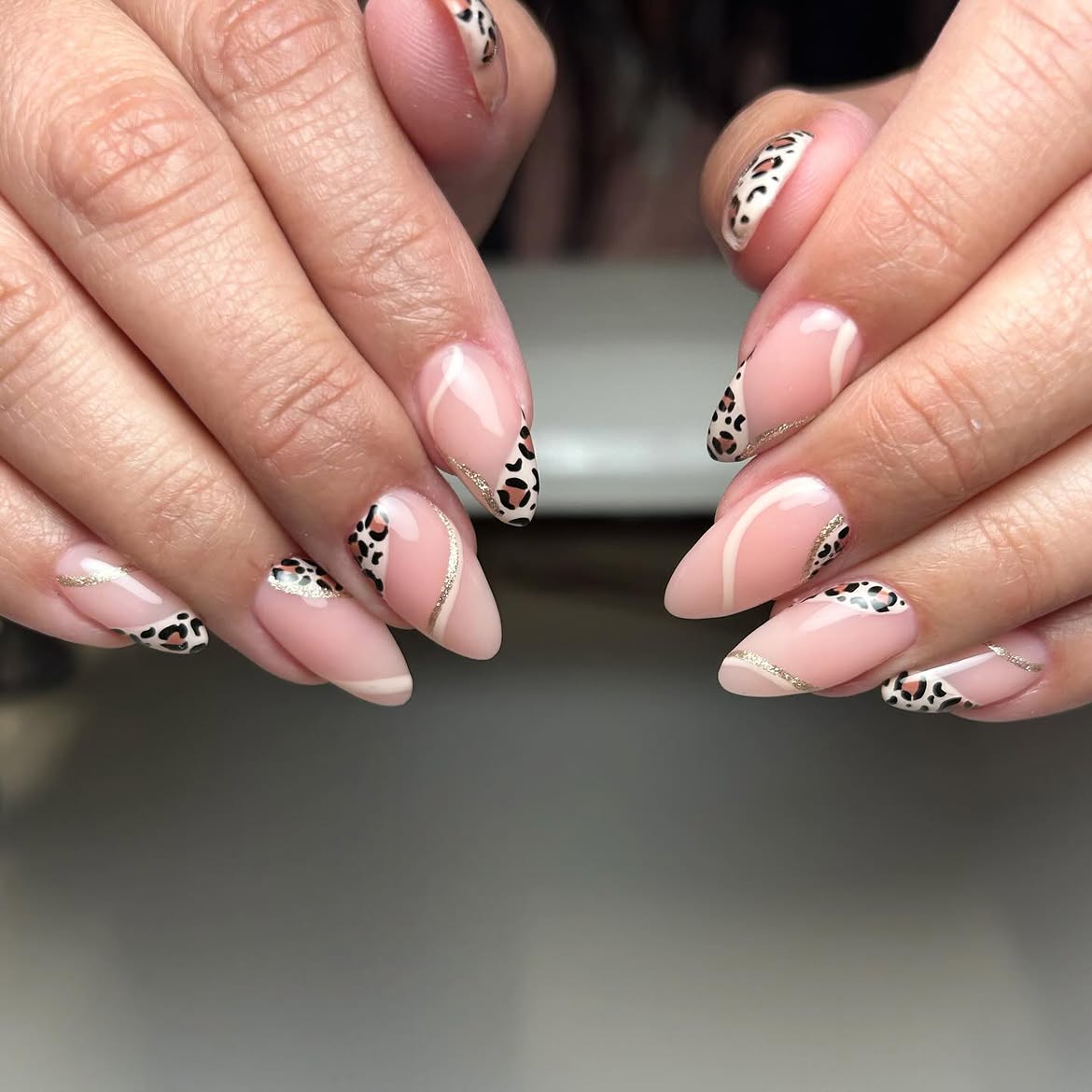 Cheetah French Almond Nails with Gold Accents