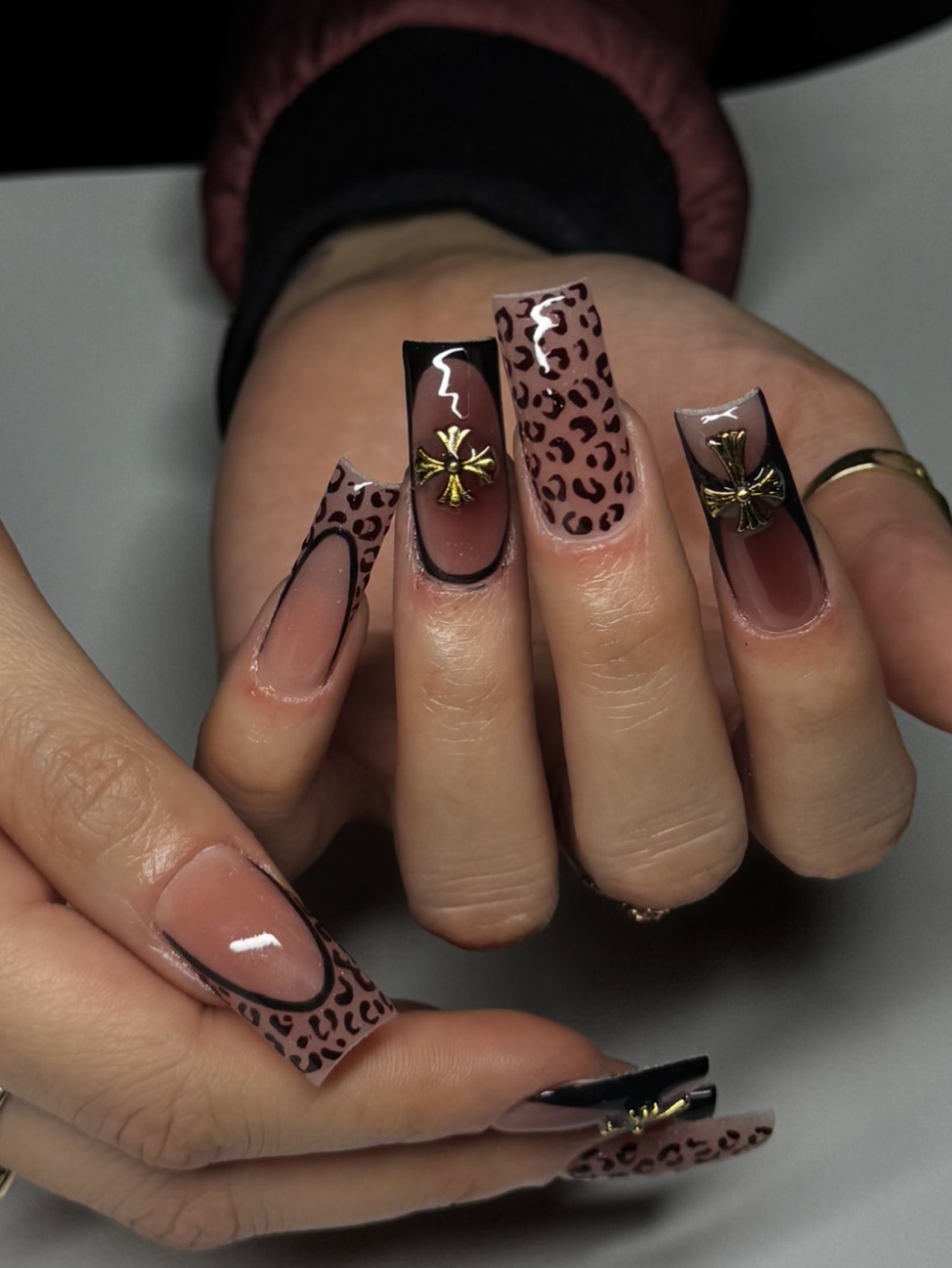 Cheetah Print Chrome Cross Square French Tips