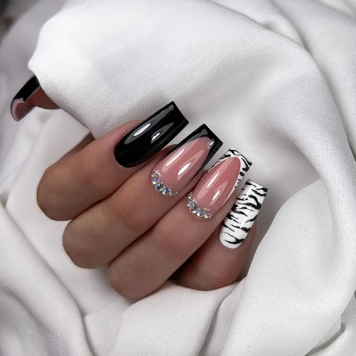 Chic Black and White Tiger French Tips