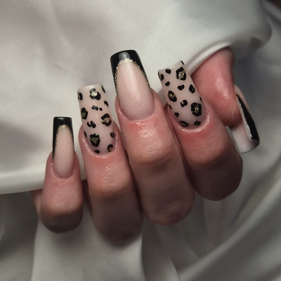 Chic Black Leopard French Tip Coffin Nails