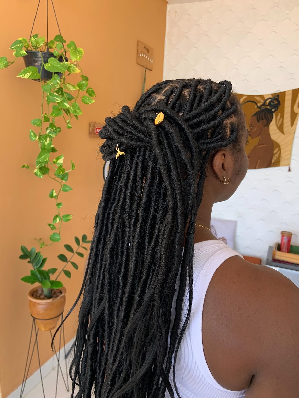 Chic Half-Up Faux Locs With Gold Accents
