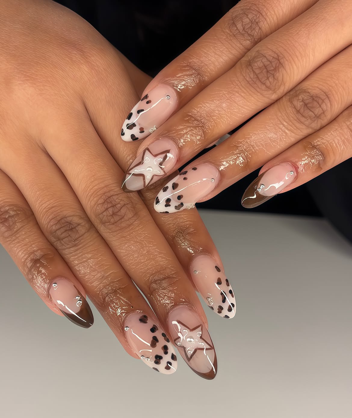 Chic Leopard Star Almond French Tip Nails