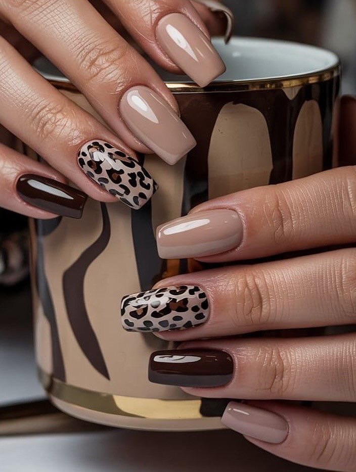 Chic Nude and Leopard Print Coffin Nails