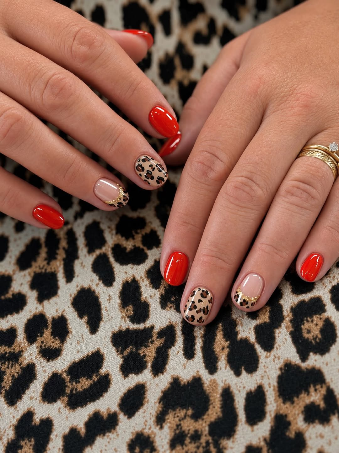 Chic Red and Leopard Print Accent Nails