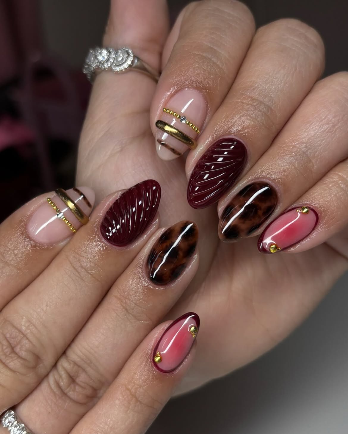 Chic Tortoiseshell and Burgundy Oval Nails