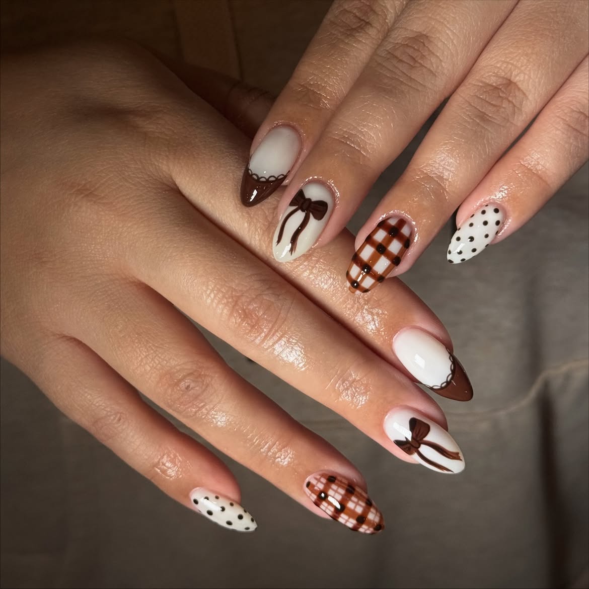 Chocolate Bow Polka Dot Plaid Almond Nails