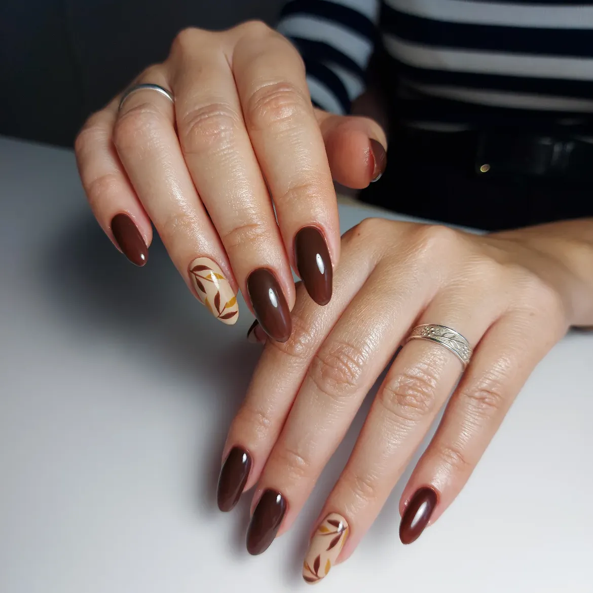 Chocolate Brown Oval Nails with Fall Leaf Art
