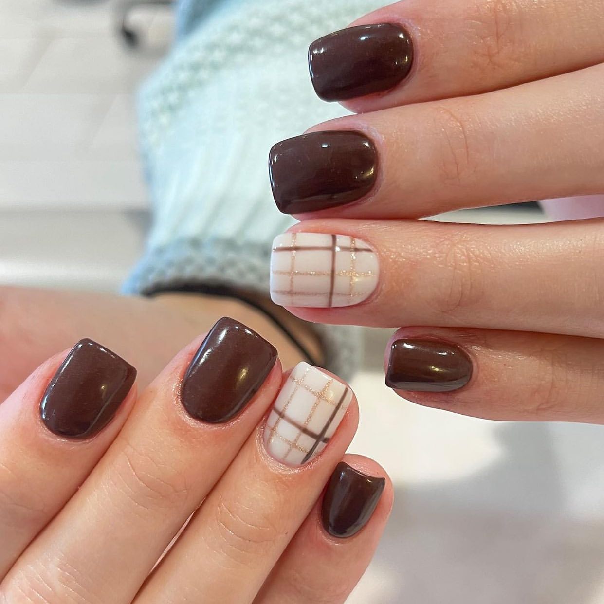 Chocolate Brown Plaid Accent Nails