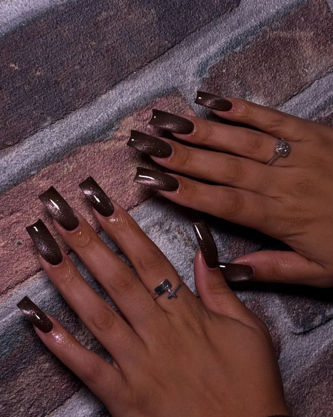 Chocolate Cat Eye Coffin Nails
